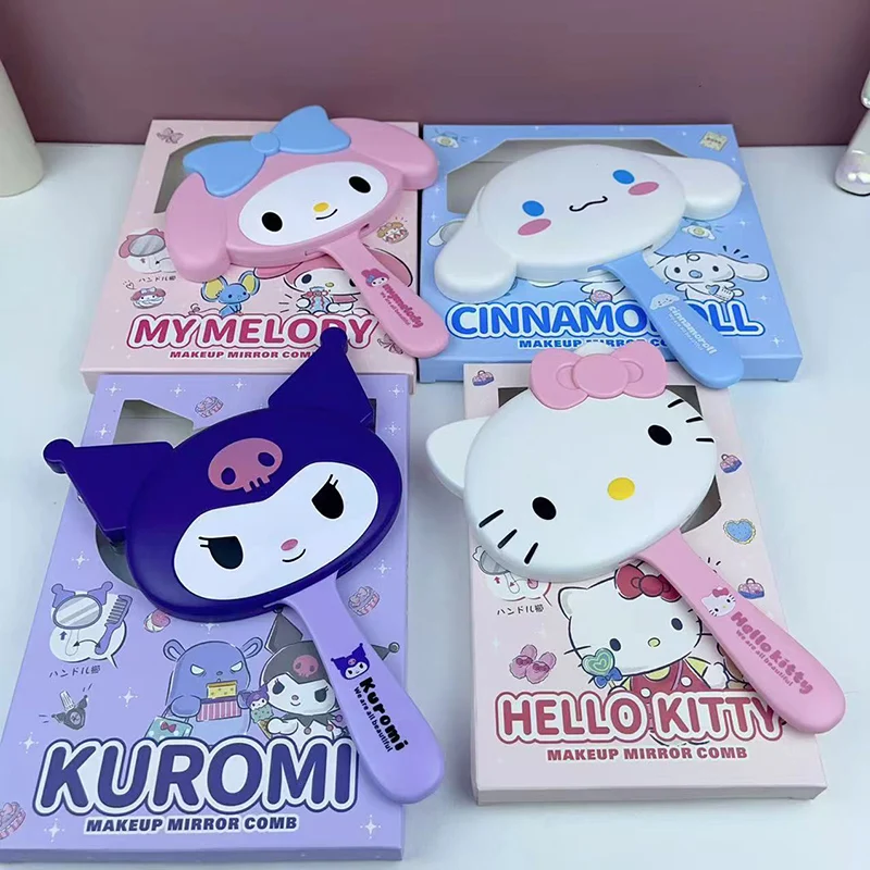 Sanrio figurki Anime Cinnamoroll Hello Kitty lusterko do makijażu śliczne Kuromi przenośne dekoracje stołu kosmetycznego uchwyt lustro na prezent dla dziewczyny