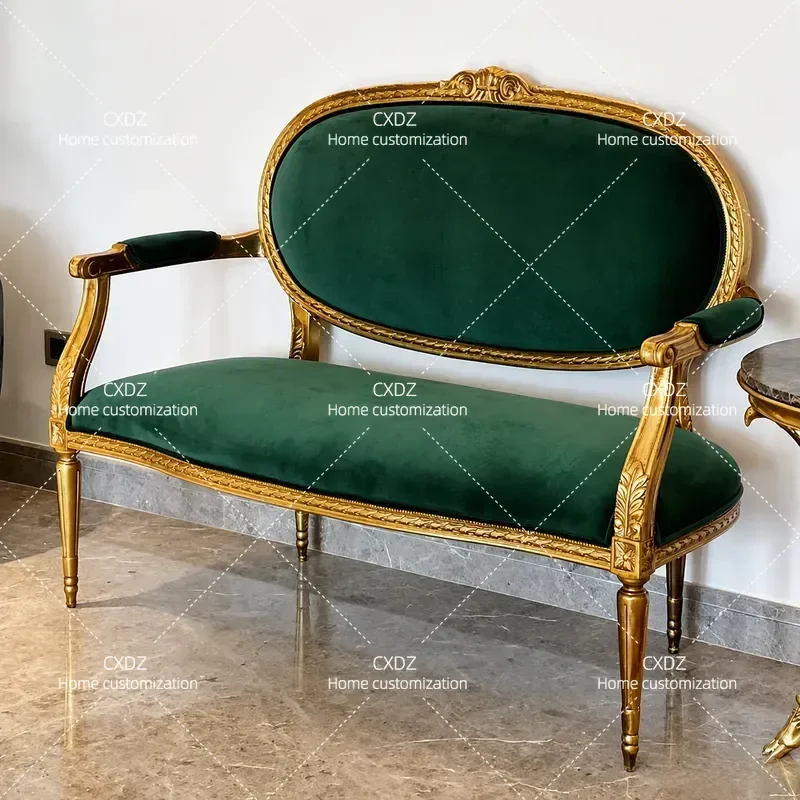 French Classical Green Velvet Gold Foil Carved Sofa American Light Luxury Retro Style Double Seat Living Room Guest Sofa