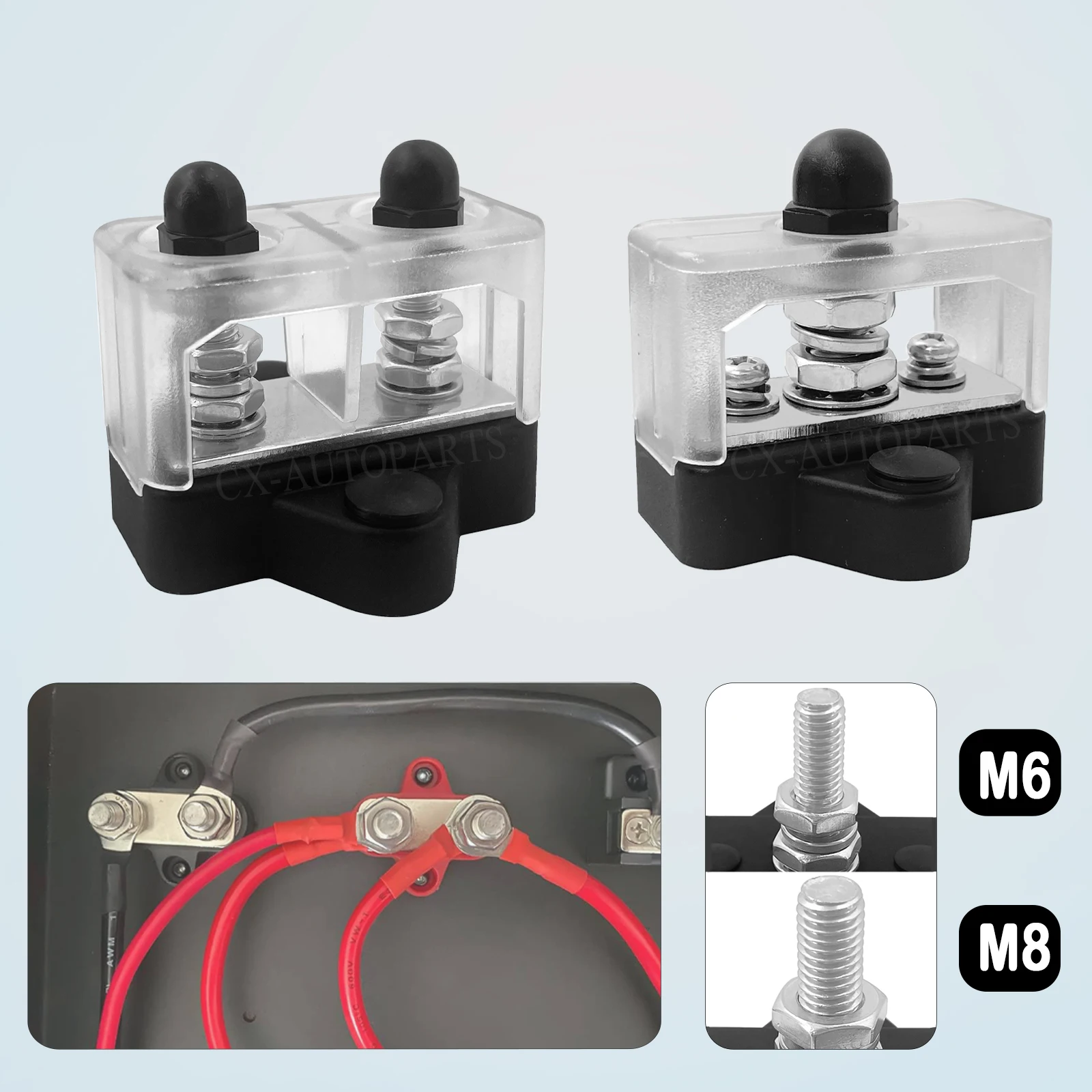 48V DC Busbar Terminal Block M6 M8 Stud Battery Junction Block Heavy Duty Power Distribution Positive Negative Plug for Boat RV