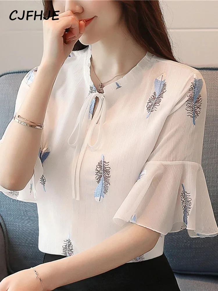 2022 Summer Feather Printed Women's Shirt Korean Slim Lace-up Blusa Feminina Chiffon Short Sleeve Top Blusas XXL