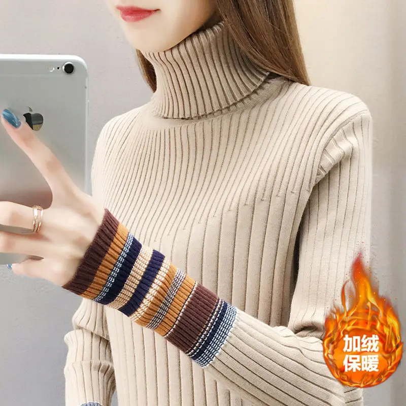 

Plush and Thickened High Neck Sweater for Women's Autumn and Winter 2023 Knitted Bottom Long Sleeved Inner Layered Pullover Top