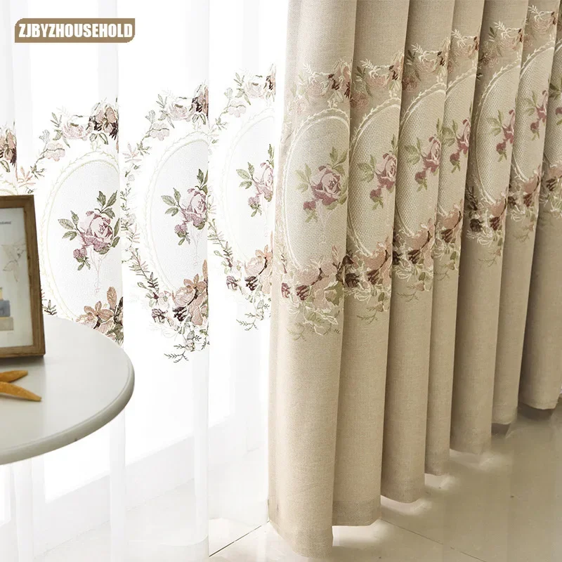 

Chinese Style Thickened Blackout Linen Embroidered Curtain Window Screen Living Room Bedroom Balcony New