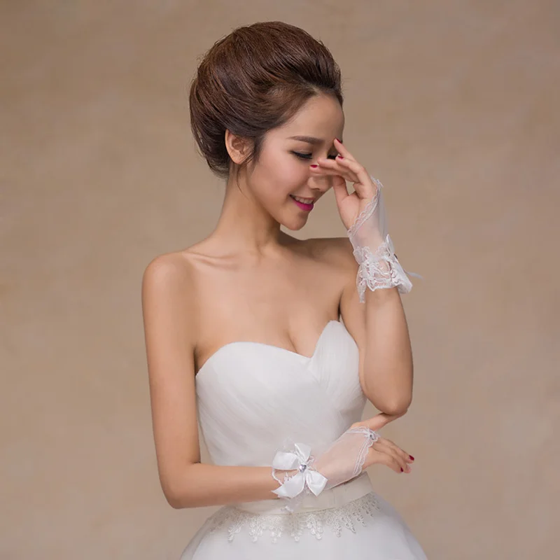 White Wedding Elegant Beading Bow Gloves Wedding Accessories