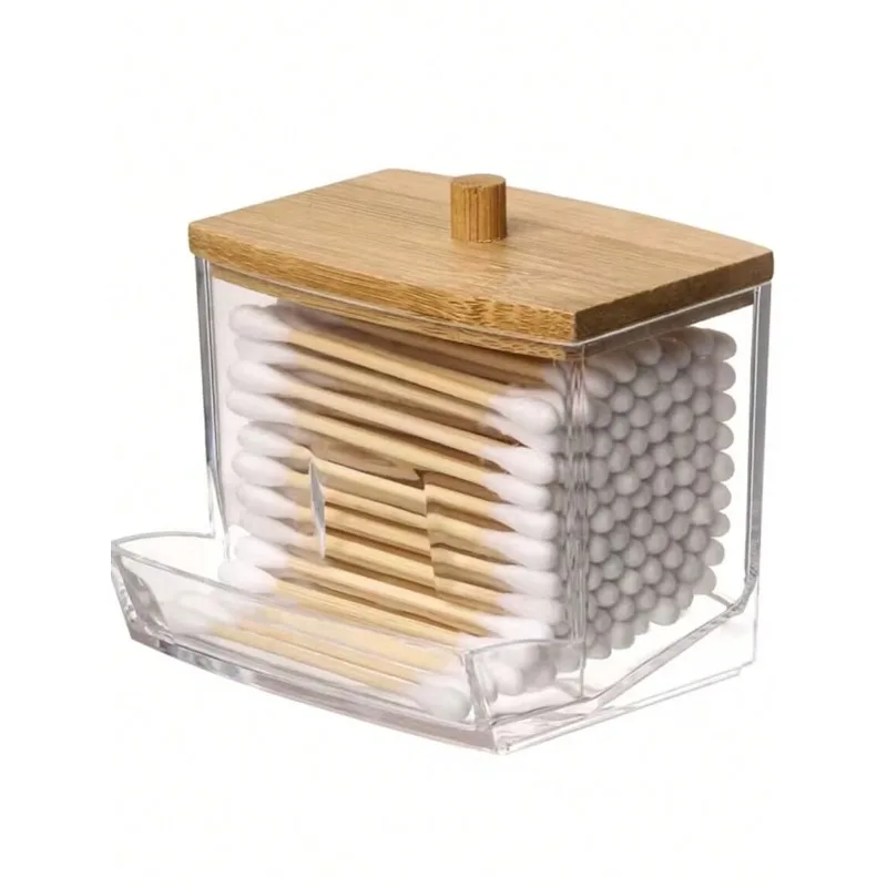 

1. Acrylic Cotton Swab Holder and Bamboo Cover Transparent Cotton Swab Storage Ear Holder, Toothpick Storage, Decoration
