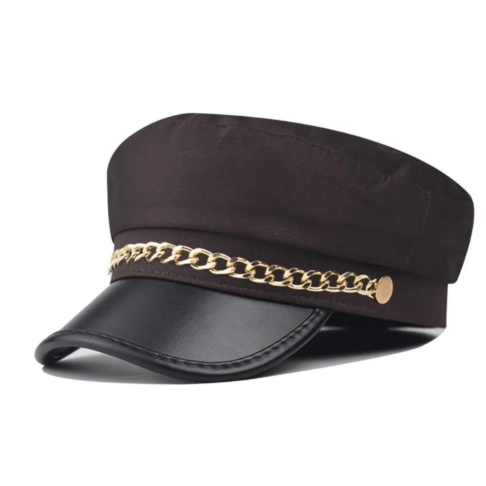 Vintage Gold Chain Decor Newsboy Cap PU Leather Short Brim Beret Hat Casual Adjustable Octagonal Hat Street Daily Wear