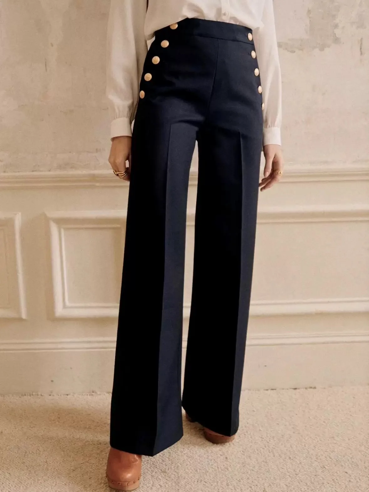High Waist Straight Leg Pants Women's Casual Trousers Slimming Effect Diagonal Stripe Early Spring New Style Double Button