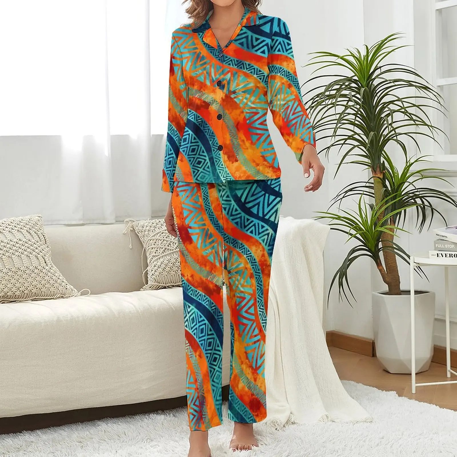 Wavy Tribal Ethnic Pajamas Women Boho Vintage Print Warm Sleepwear Autumn Long Sleeve 2 Pieces Sleep V Neck Design Pajama Sets