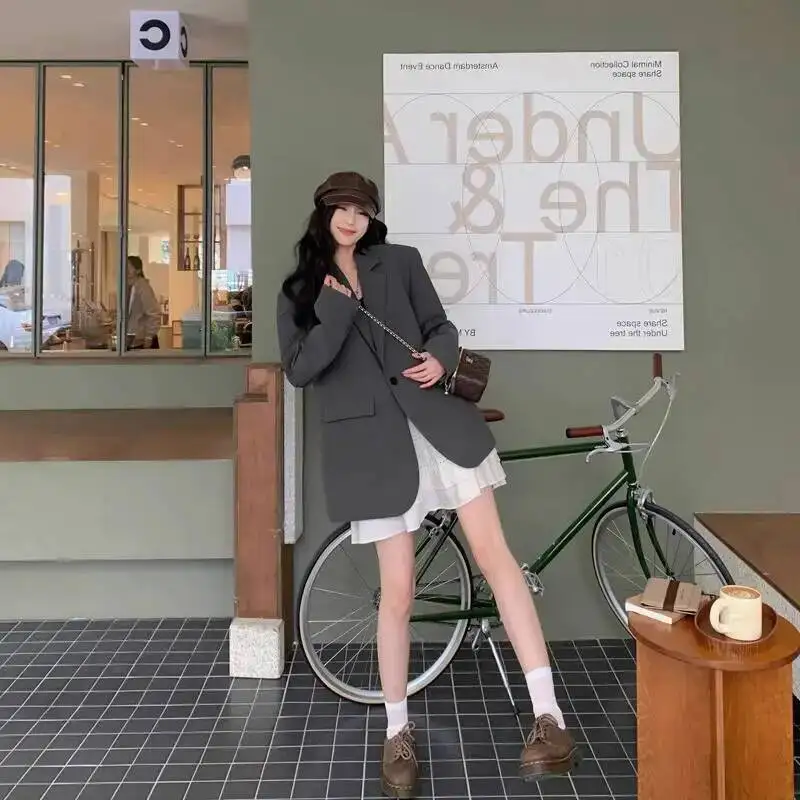 Grey Long-sleeved Blazer Jacket Women 2025 Autumn Chic Single Button Notched Collar Outwear Ladies Korean Loose Office Suit Coat