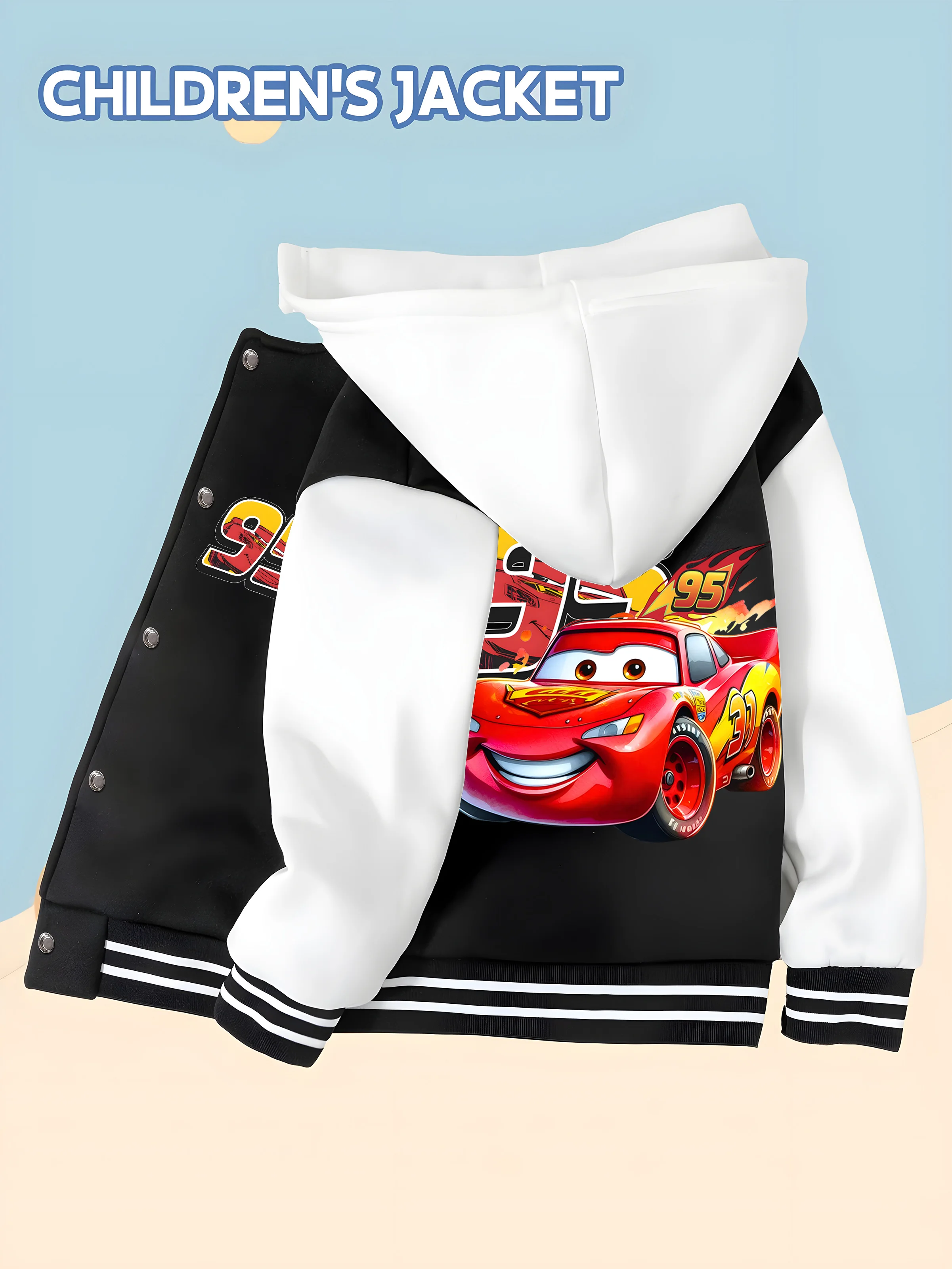 

MINISO Disney Cars Baseball Jacket for Boys - Double-sided Lightning McQueen print, perfect for fall and winter school wear