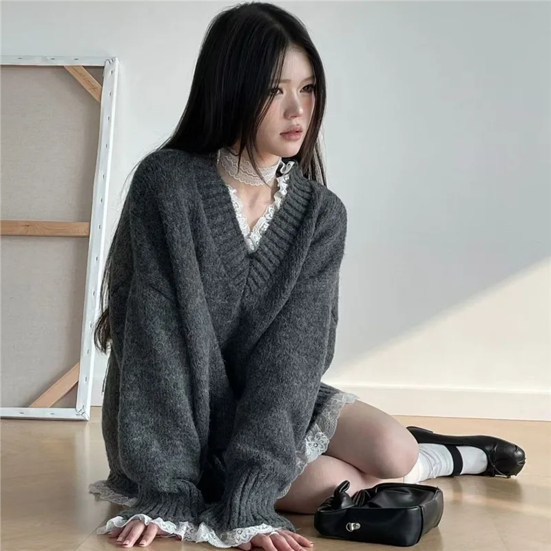 Femmes tricot pull nouveau lâche col en v pulls dentelle Patchwork femme pulls mi-long femme hauts automne hiver