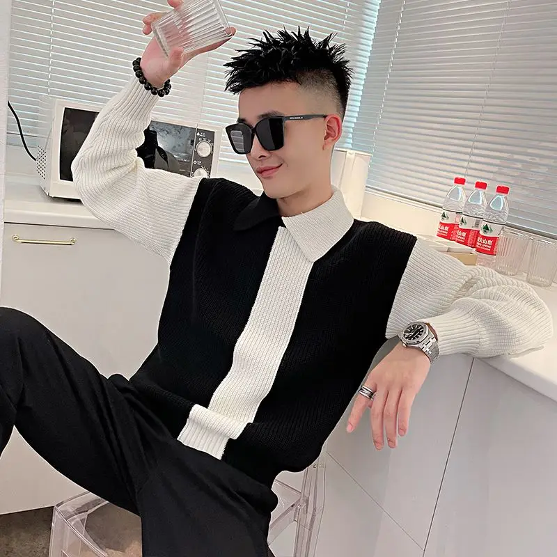 Jesienno-zimowa KPOP Fashion Harajuku Slim Fit dzianina luźna na co dzień wszystkie zapałki z klapą kontrastujące kolory swetry