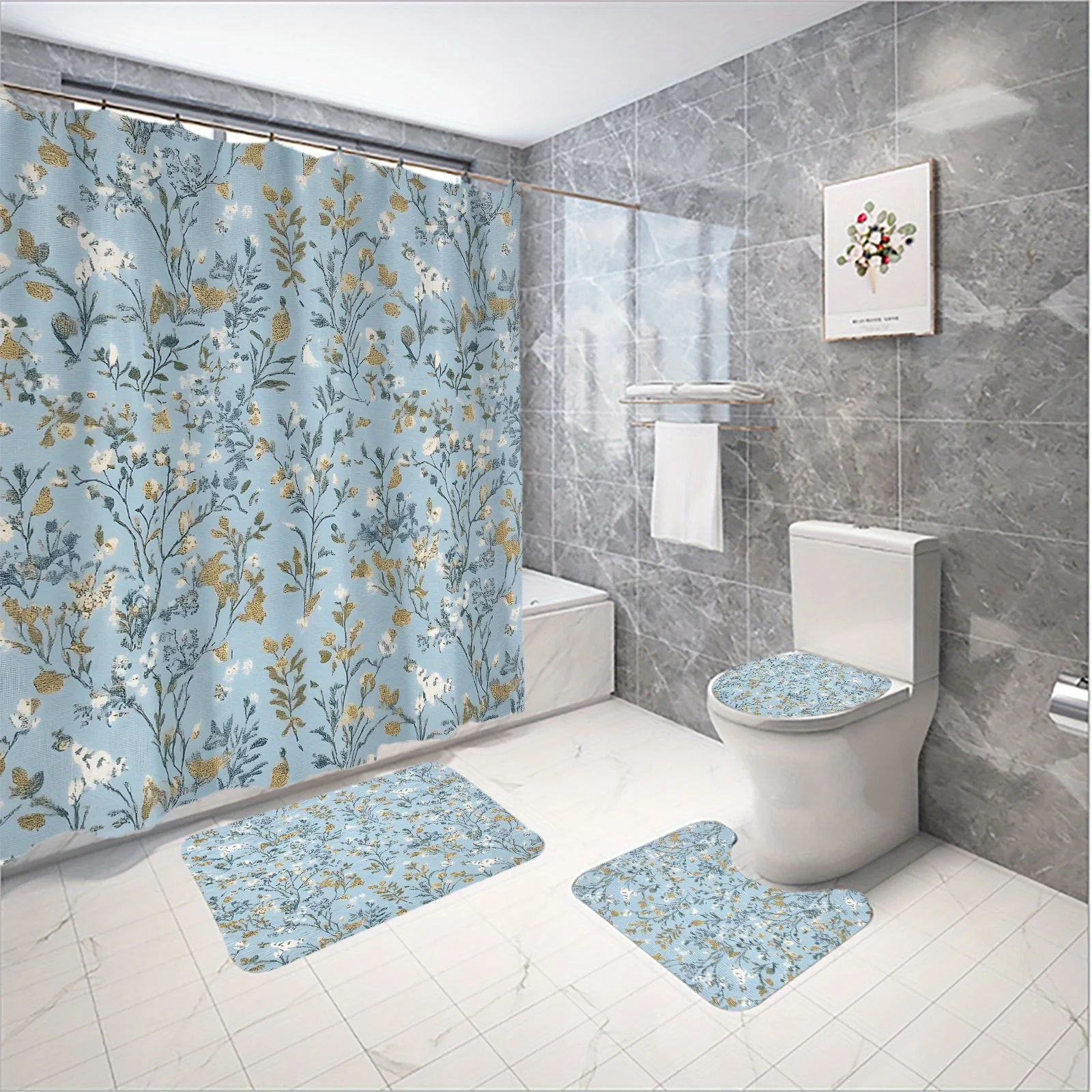 

4 шт., свежие синие элегантные ветки и листья, цветочный узор, набор занавесок для душа, занавески для ванной комнаты, декоративный душ для ванной комнаты