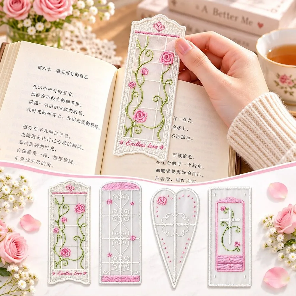 Organza Rose Embroidered Bookmark Embroidered Detail Rose Pattern Reading Marker Vine Window Style Heart and Cross Styles