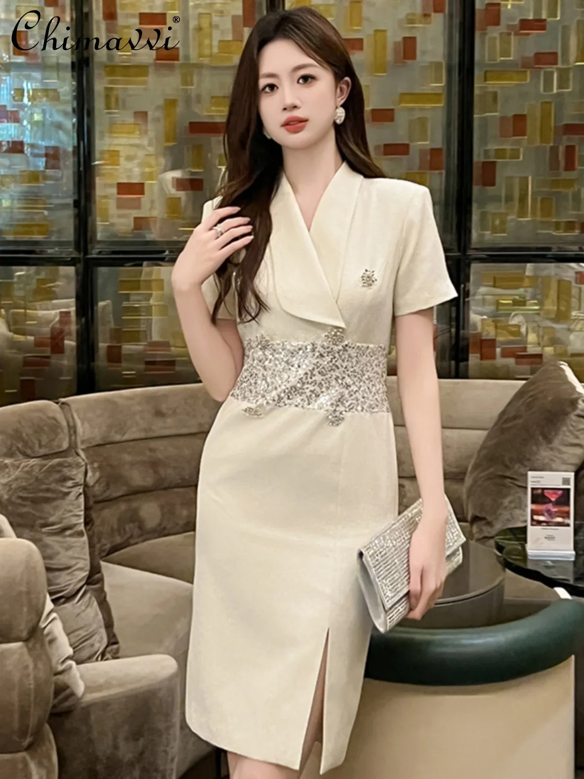 

French Elegant Commuter Office Ladies Sequins Lapel Short Sleeve High Waist Slim Fit Hip-wrapped Split Business Dress For Women