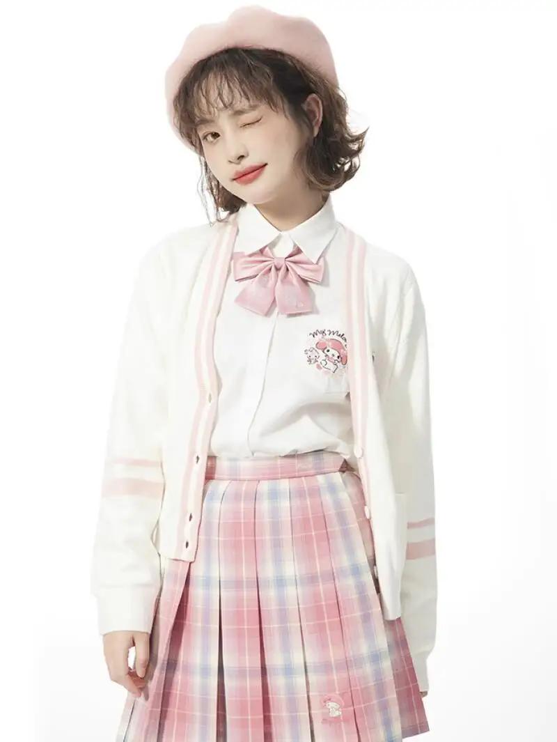 

Sanrio New Sweater My Melody Embroidery Cardigan Knitwear Sweater Female Coat Fried Dough Twist Pocket Loose Preppy Style Tops