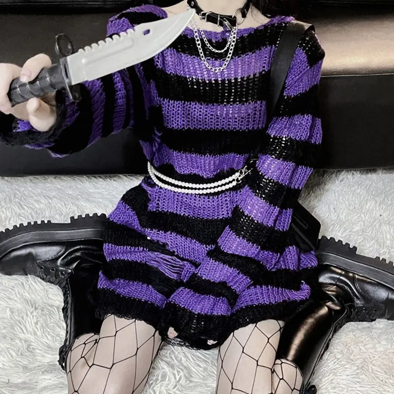 Y2K Gothic Distressed Sweater Oversized Purple Black Striped Knit Jumper Pullover Women Aesthetic e-Girl Alt Aesthetic Outfit