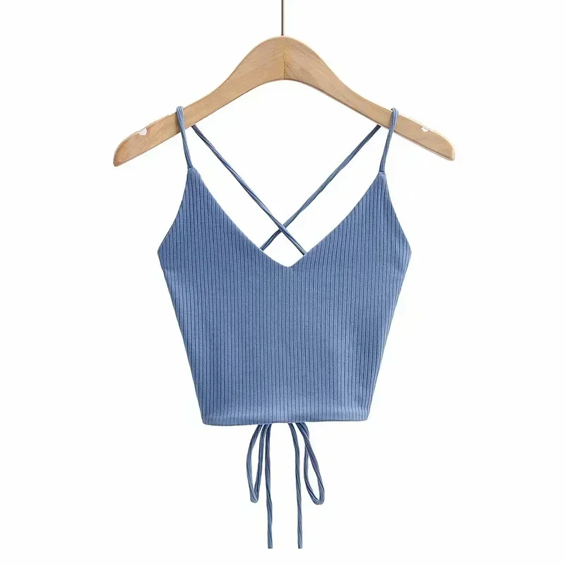 Spring Summer  Sexy corset Crop Top Tank For Women Knitted Lace Up Tie Back Solid Crop Backless Top Criss Cross INS Knit Top