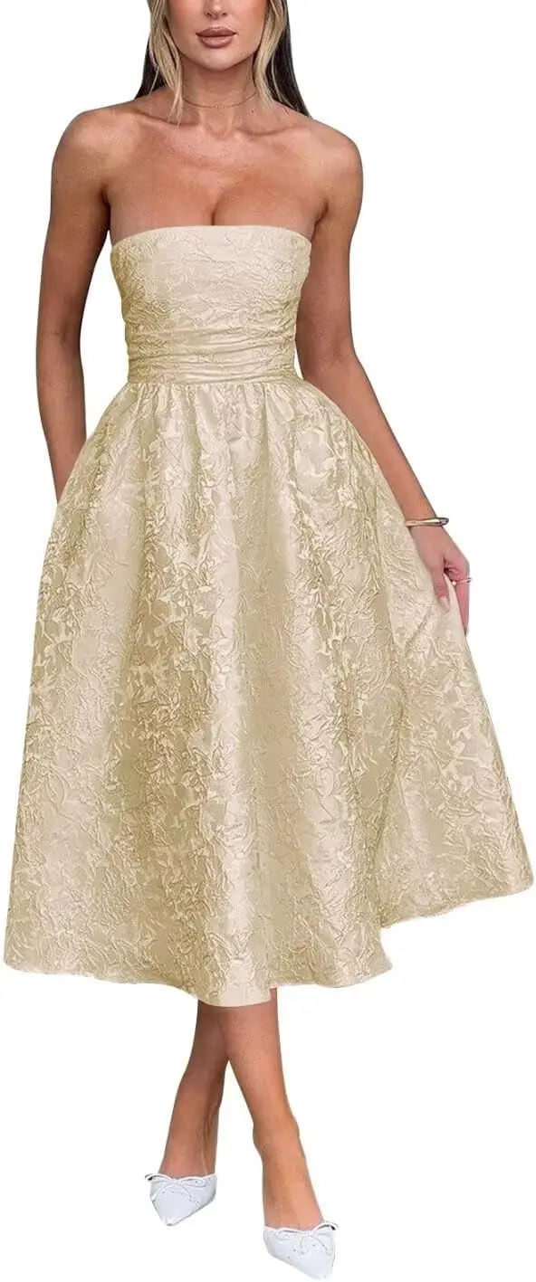 

Вечернее платье без бретелек из жаккардового атласа с цветочным узором, корсетное, А-силуэт, длиной миди, для выпускного вечера, коктейльное, для вечеринок и торжеств