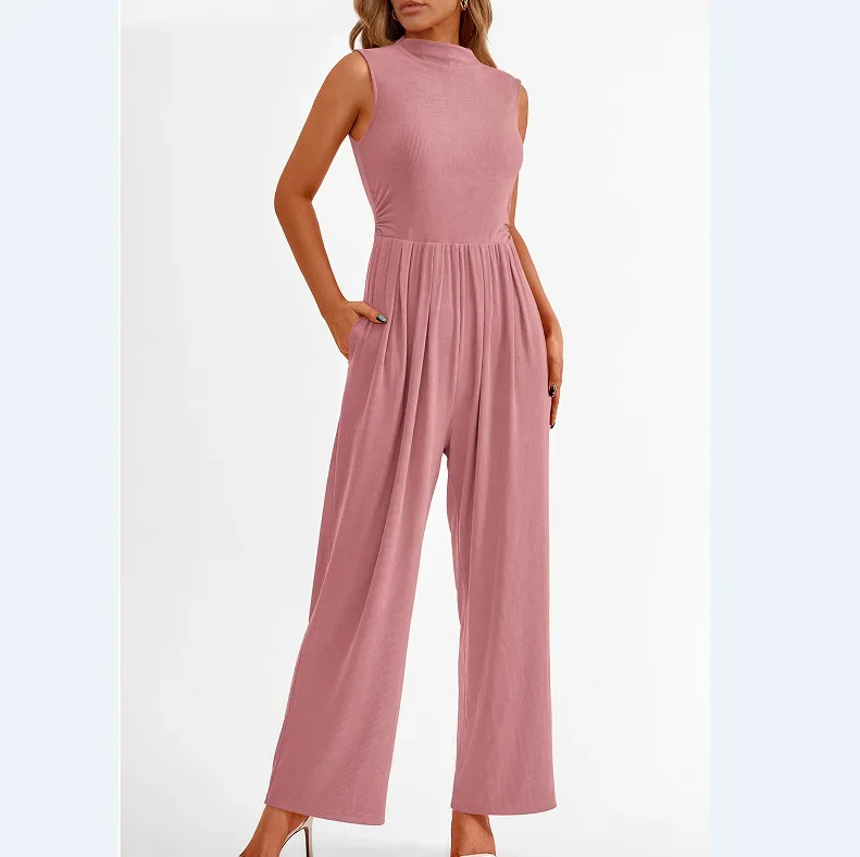 Tute da donna One Piece O Neck Pagliaccetti senza maniche Salopette Solid Pantaloni a gamba larga Tasche Vita alta Lunghezza caviglia Nozioni di base 2025