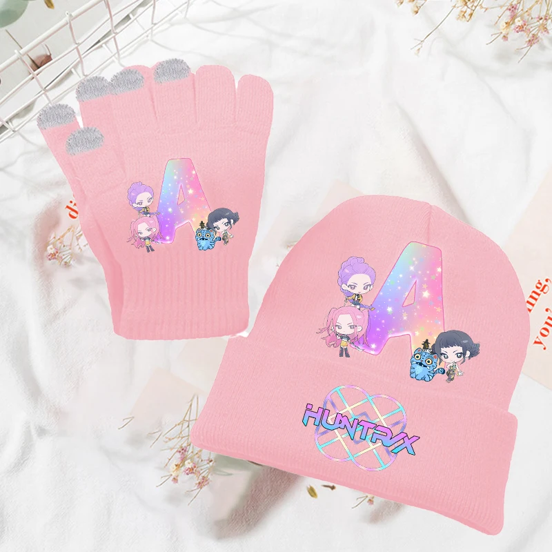 

Kpop Demon Hunters Knitted Hat Gloves 2pcs Set kids Winter Hats pink Letters print Warm Cap Screen Gloved Kids Christmas Gifts