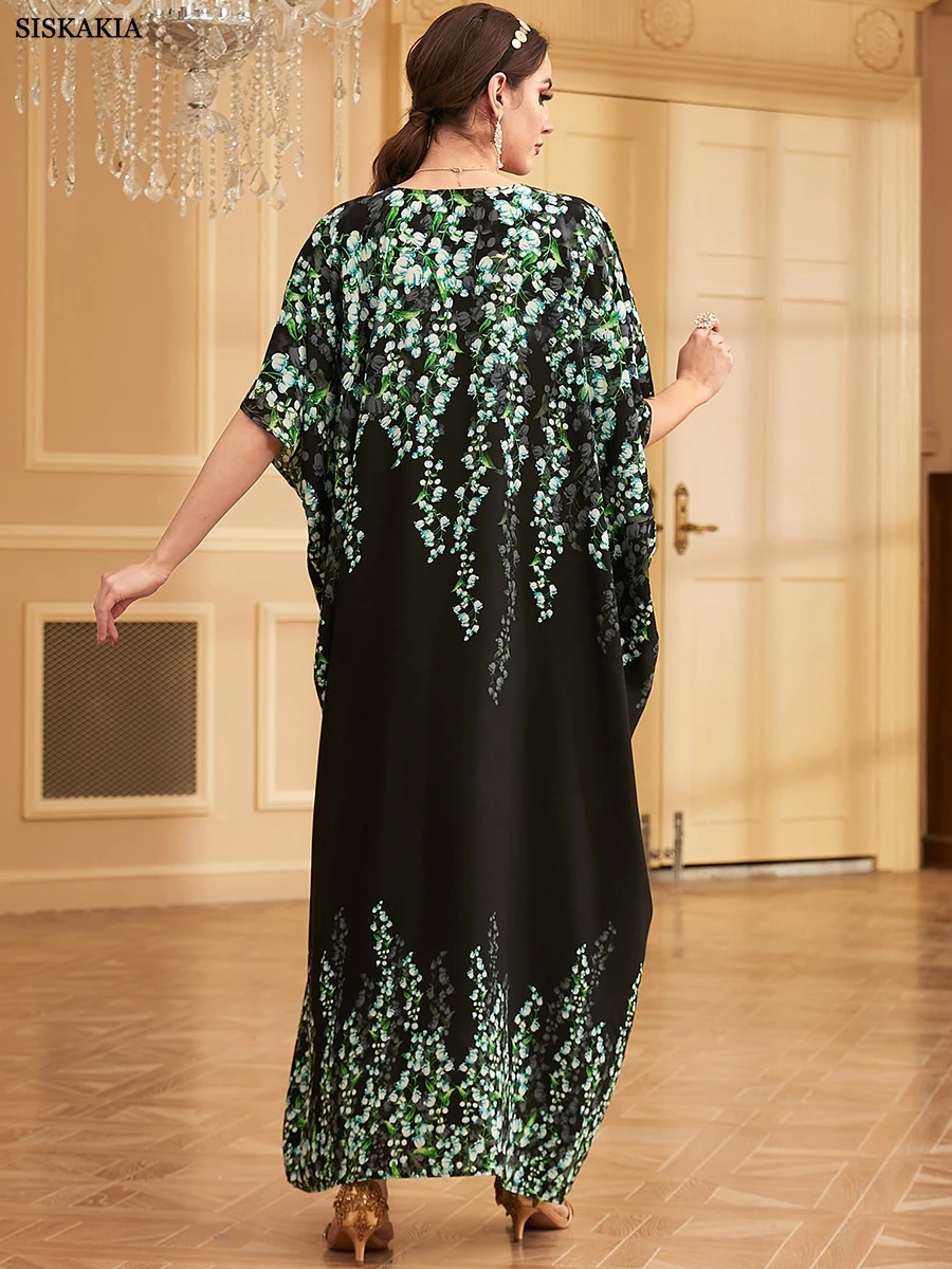 Siskakia Fashion Kaftan Abaya Dubai Islam Muslim Floral Print Short Sleeve V-Neck Loose Dress Gorgeous Party Style Islamic Cloth