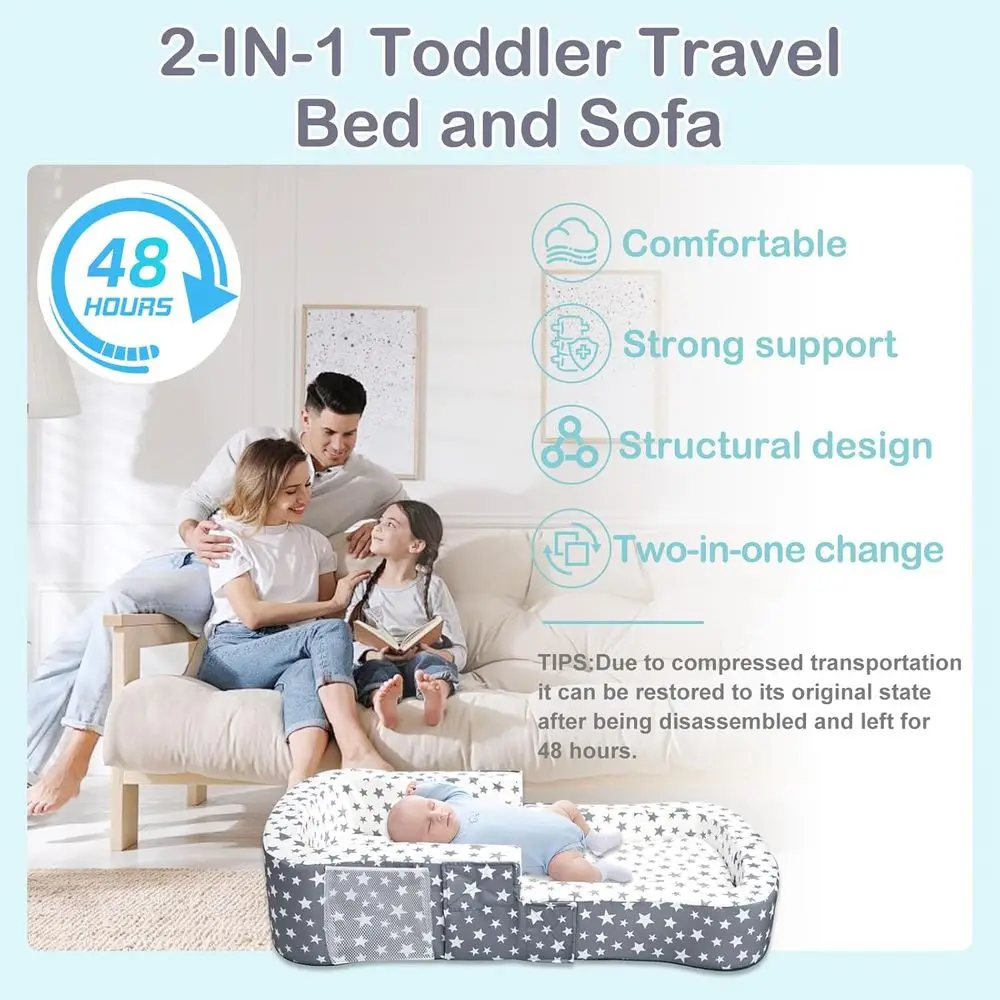 Portable Toddler Bed & Chair Combo - Convertible Crib with Storage, Waterproof Cloth, Washable Cover, Soft Velvet (Stars)