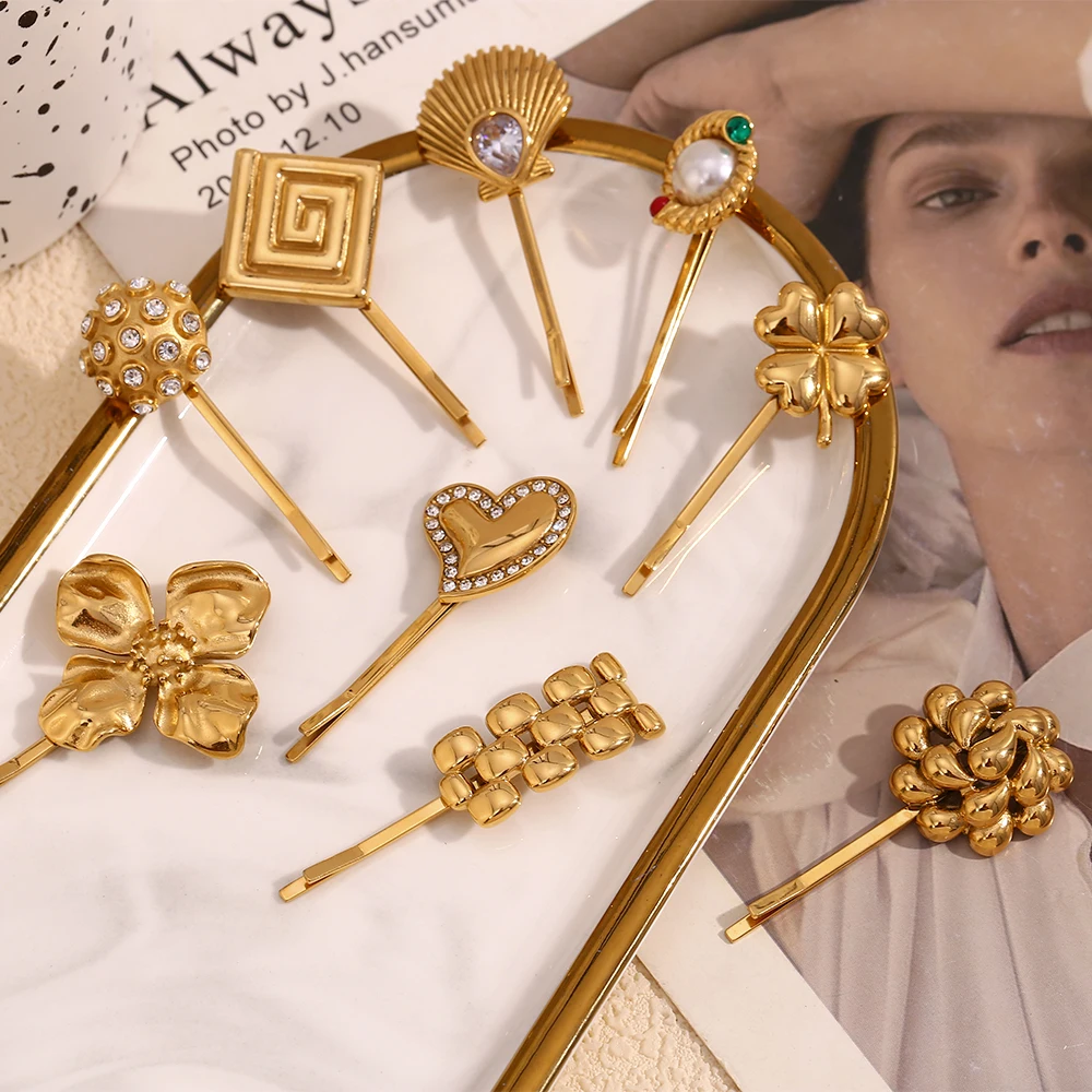 E.B.belle Wasserdichte, anlaufgeschützte Blumen-Herz-Haarspangen für Damen, 18 Karat vergoldete Haarnadel, hochwertiger Titan-Haarschmuck