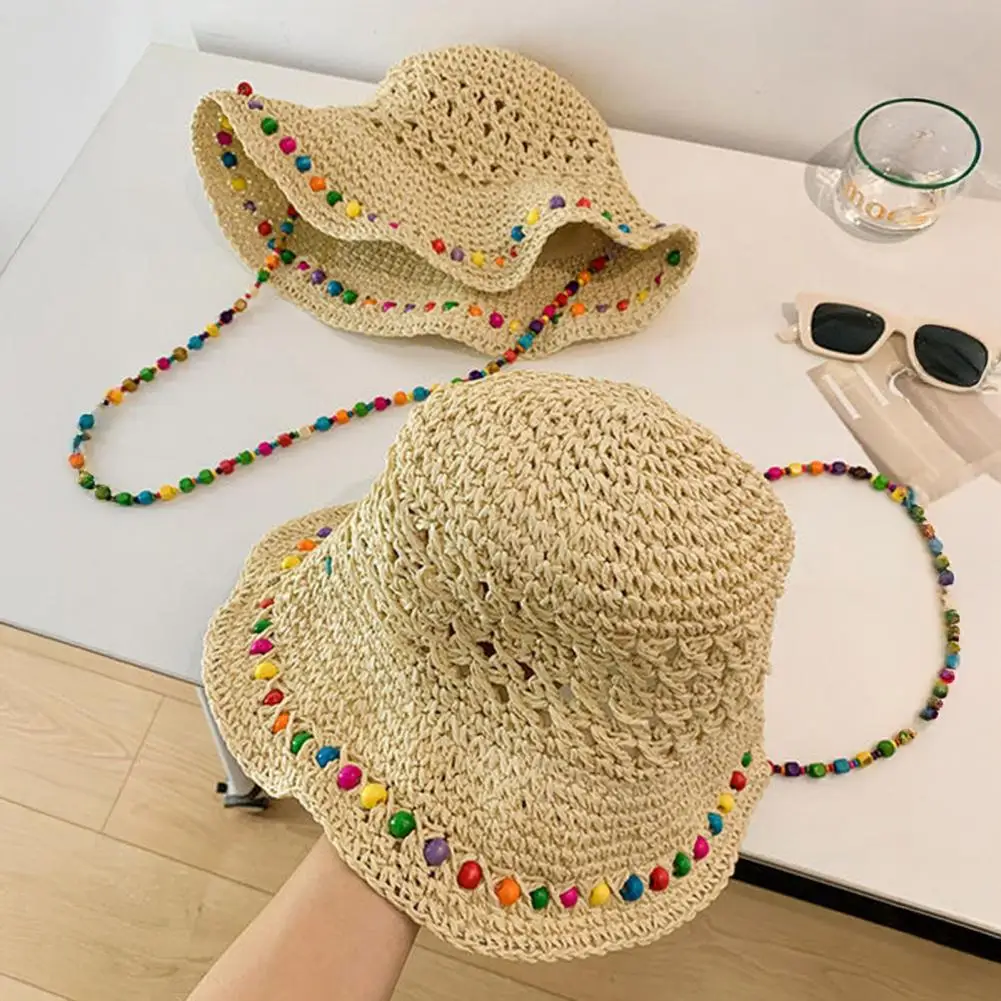 حواف مرنة قبعة الشمس قبعة الشاطئ تنفس أنيق المرأة واسعة حافة القش قبعة مع الخرز الملون ديكور للصيف للراحة