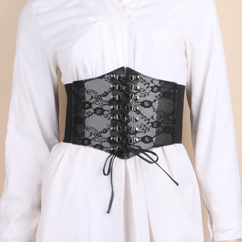 Lace Wide Elastic Waist Belt Corset Cinch Dress Belts Black Lace Up Stretch Waistband Tied Waspie Wide Belt for Women Ladies