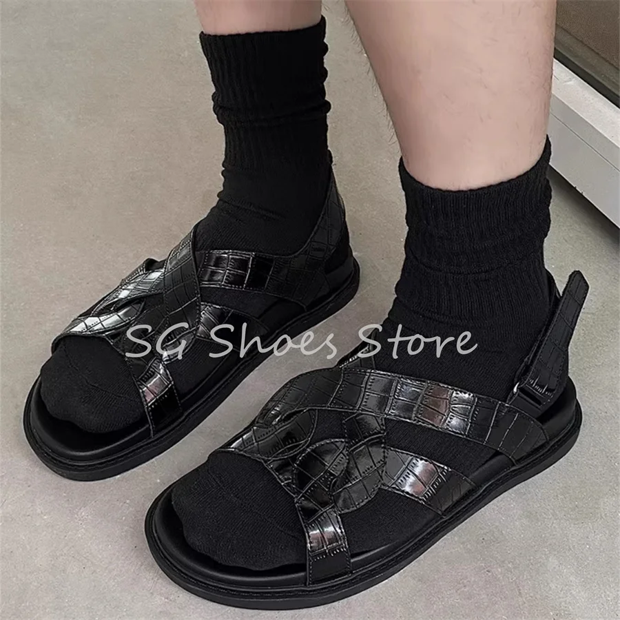 

Roman Weaving Narrow Band Hollow Out Sandals for Men Retro Peep Toe Cross Strap Beach Casual Shoes Male Outside Gladiator Flats