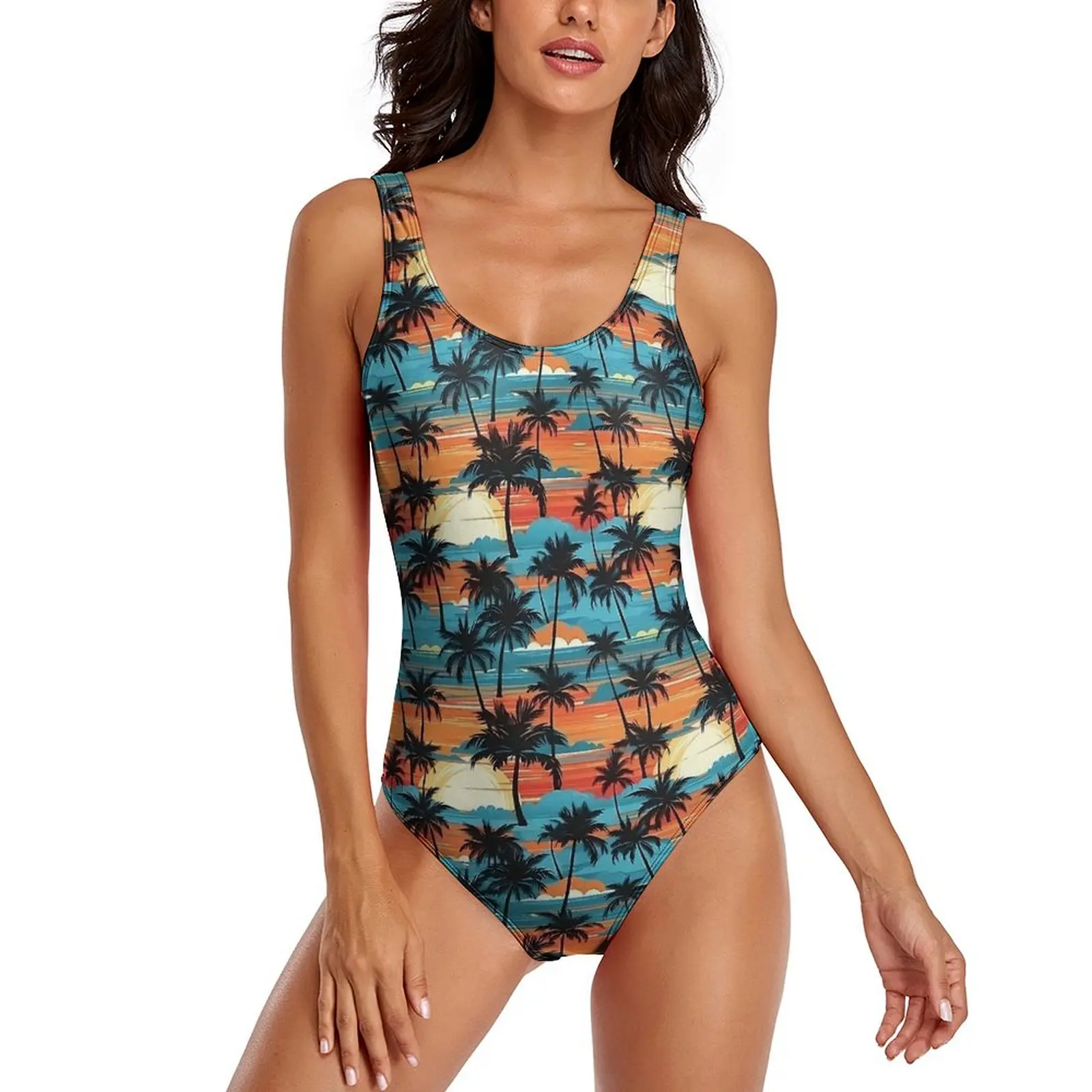 Hawaiian Sunset Palm Tree Waves Swimsuit Sexy  Ladies Swimwear One Piece Swimsuits Holiday Rave Push Up Hollow Out Beach Wear