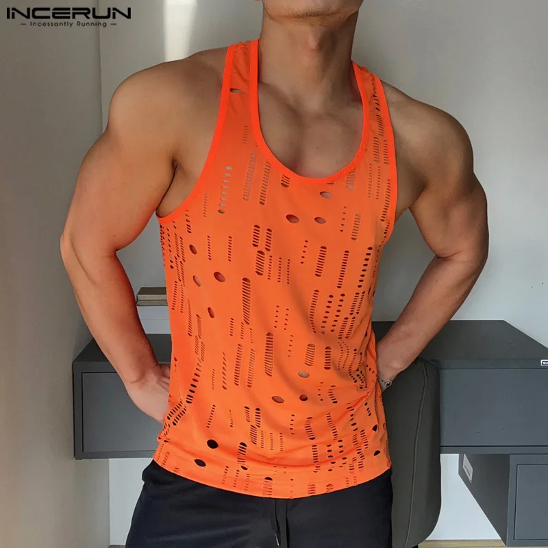 Men Tank Tops Hollow Out Solid O-neck Sleeveless Vests Streetwear 2024 Fitness Summer Sexy Fashion Men Clothing INCERUN S-5XL