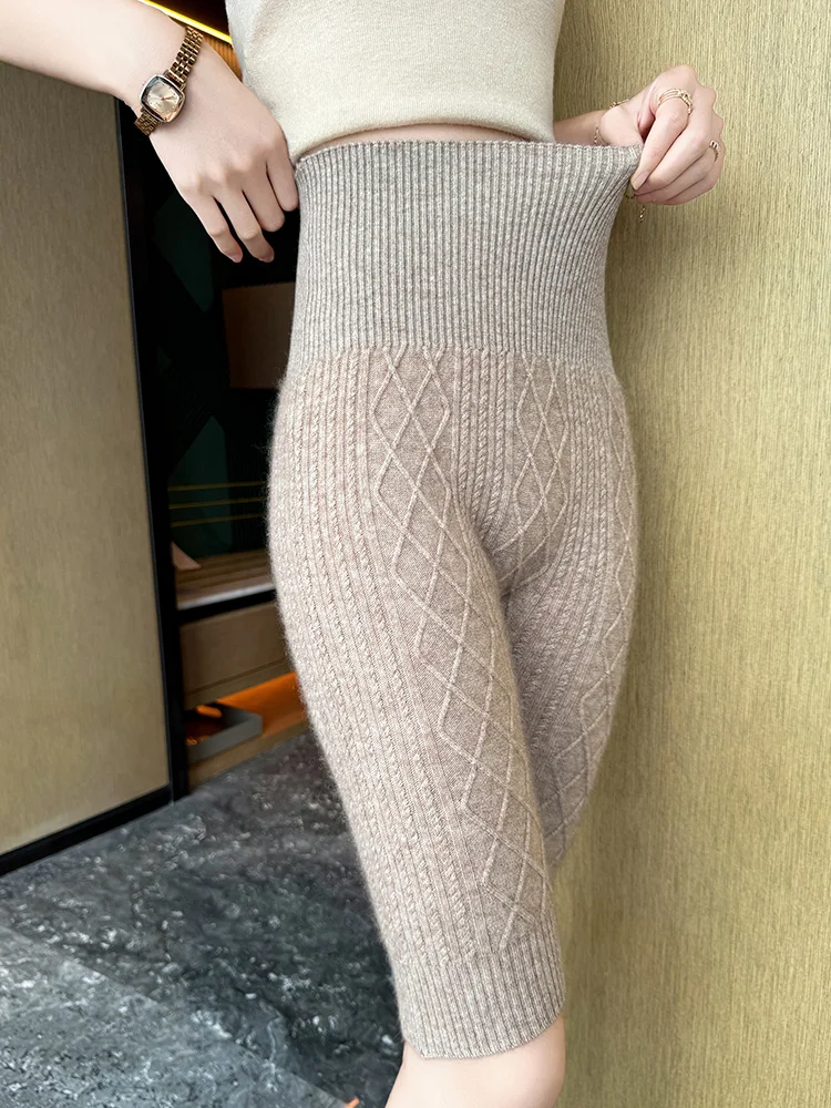 Autumn Winter Tights Shorts Women Shorts 100% Cashmere Pant Thick Warm Knit High Waist Elastic  Belly Thermal Leggings Jacquard