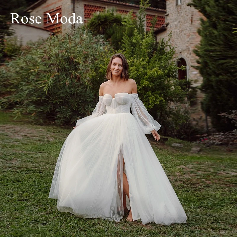 Rose Moda عاري الكتفين وأكمام طويلة من التل فساتين الزفاف مع شق الوجهة فستان الزفاف مخصص صور حقيقية