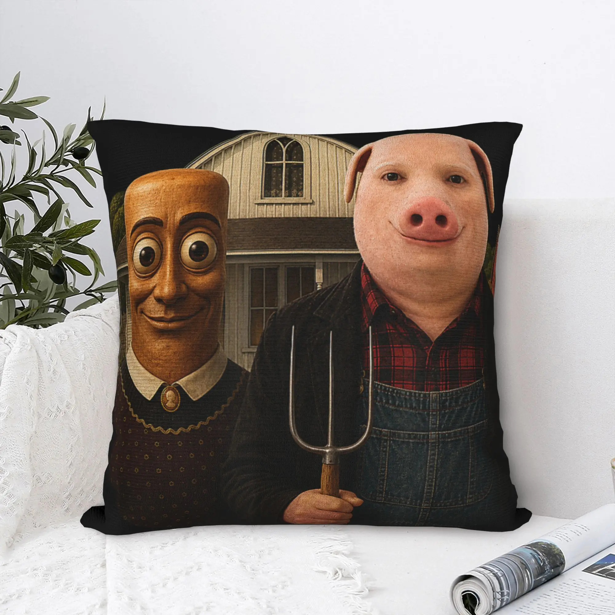 John Pork American Gothic Funny Viral Meme Art Dank Brainrot Pillow Cover Cushion Cover Kawaii Pillow Case For Sofa Home Decor