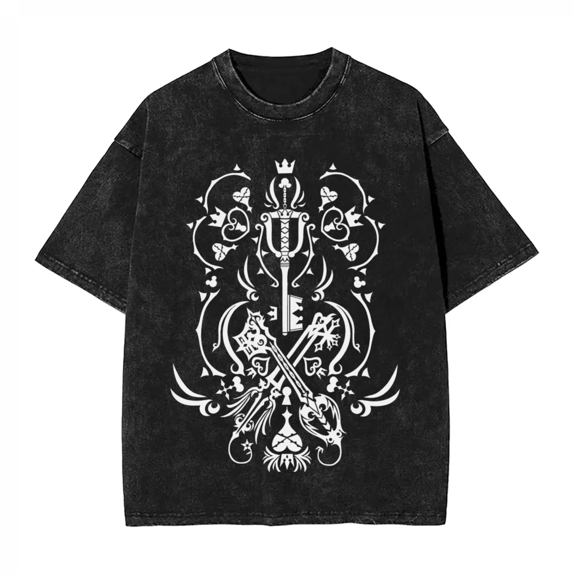 Kingdom Heart Retro Washed T-shirt Street Style Flower Key Pattern Loose Style Men and Women Same Style Hip Hop