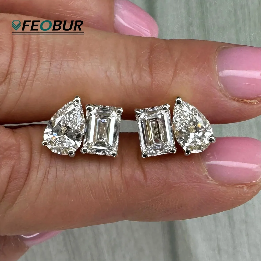 

Серьги-гвоздики FEOBUR с двумя камнями и муассанитом, 4 карата, стерлинговое серебро 925 пробы, груша и изумруд, лабораторные бриллиантовые серьги-гвоздики, женские свадебные украшения