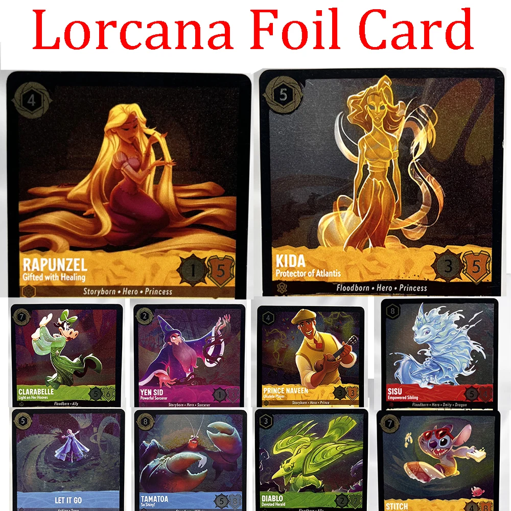 

Cold Foil Lorcana Proxy Cards 1/2/4/5 EN Kida Diablo Sisu Let it Go Rapunzel Lilo & Stitch Tamatoa TCG Game Cards Anime Frozen