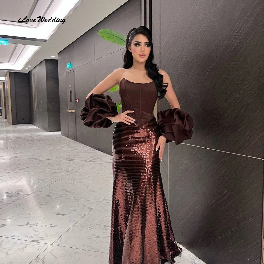Chocolate Brown Strapless Prom Dresses 2025 Sequin Elegant Women Party Dress Boat Neck Mermaid Evening Dresses Gala Customized