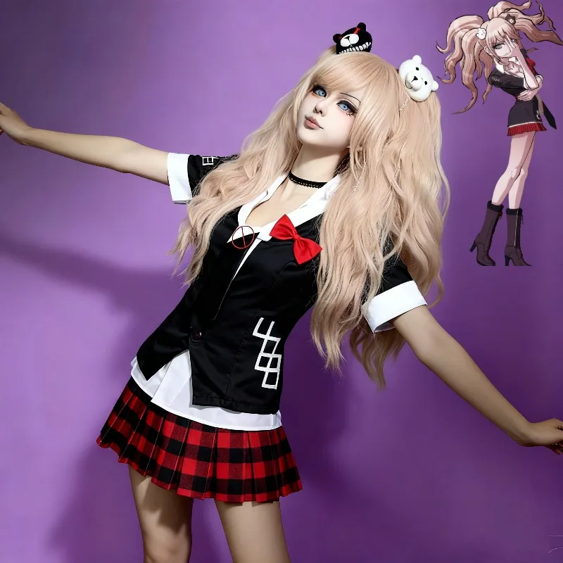 Juego de Anime Danganronpa, disfraz de Cosplay, uniforme Enoshima Junko, ropa de trabajo de café, Falda corta, tocado de Monokuma, peluca de cola de caballo doble