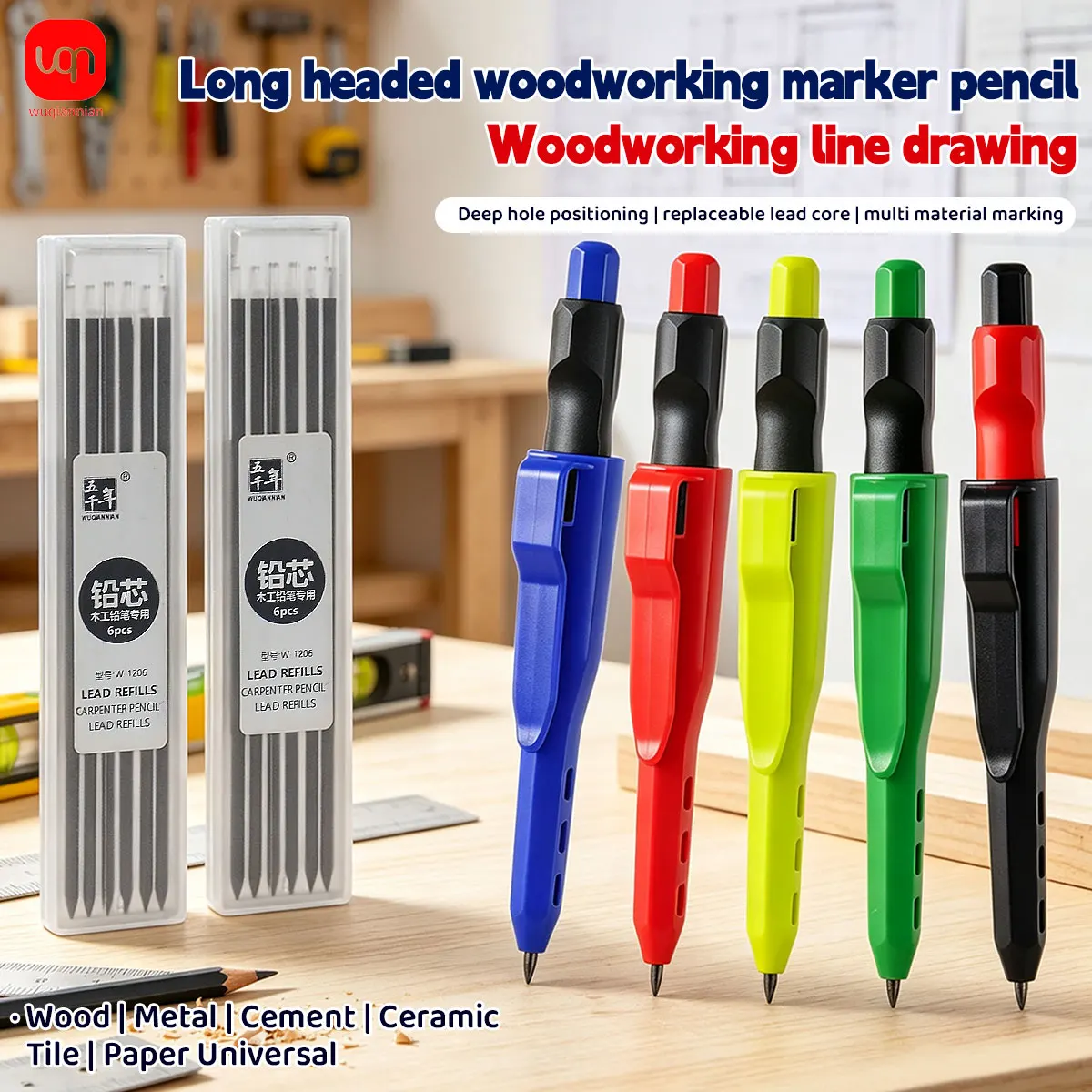 Long Head Carpenter Pencil Set, Deep Hole Positioning Marker Pencil with Replaceable Lead Refills, Marking Wood Metal