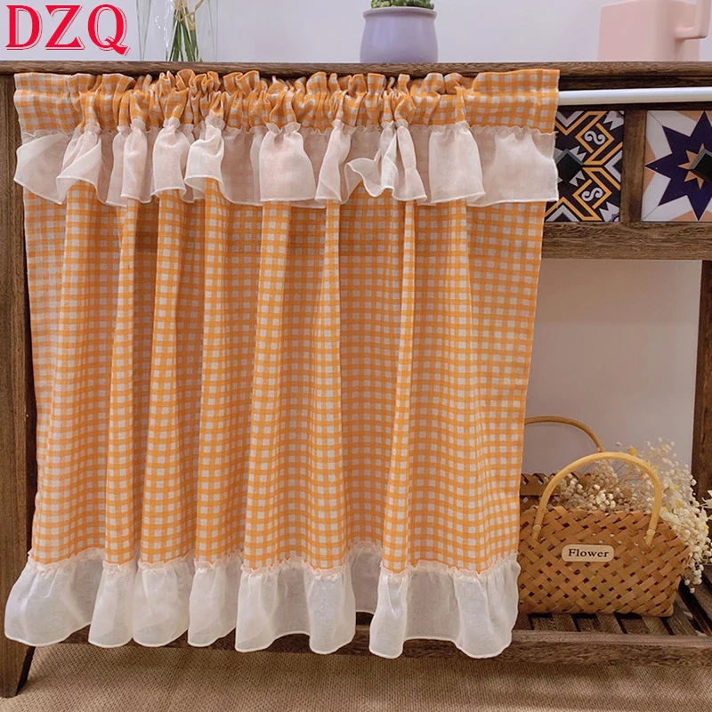 

Korea Sweet Linen Check Short Curtains Living Room Rural Orange/Green Plaid Lace Half Curtains Cloth for Kitchen #A233