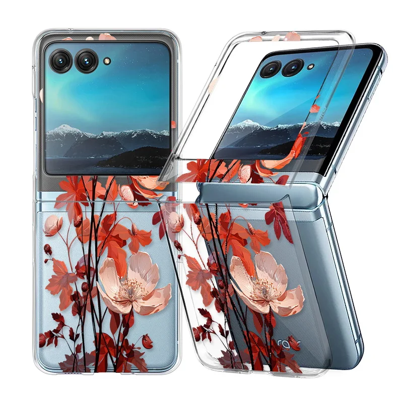 Clear Hard PC Phone Case For Motorola Razr 40 50 Ultra Razr40 Razr50 Slim Shockproof Floral Pattern Transparent Folding Cover