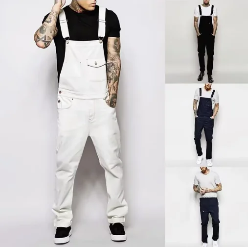 Stylish Men White Slim dungarees Multi-pocket Overalls Jumpsuits jeans Y2K Streetwear Casual Stretch Ripped Male Strap Jeans