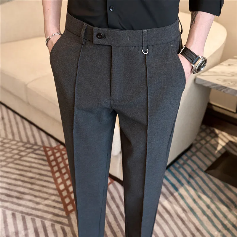 Men\'s business casual trousers, daily formal work pants, 2024 new high quality, plain color versatile ankle-length trousers.