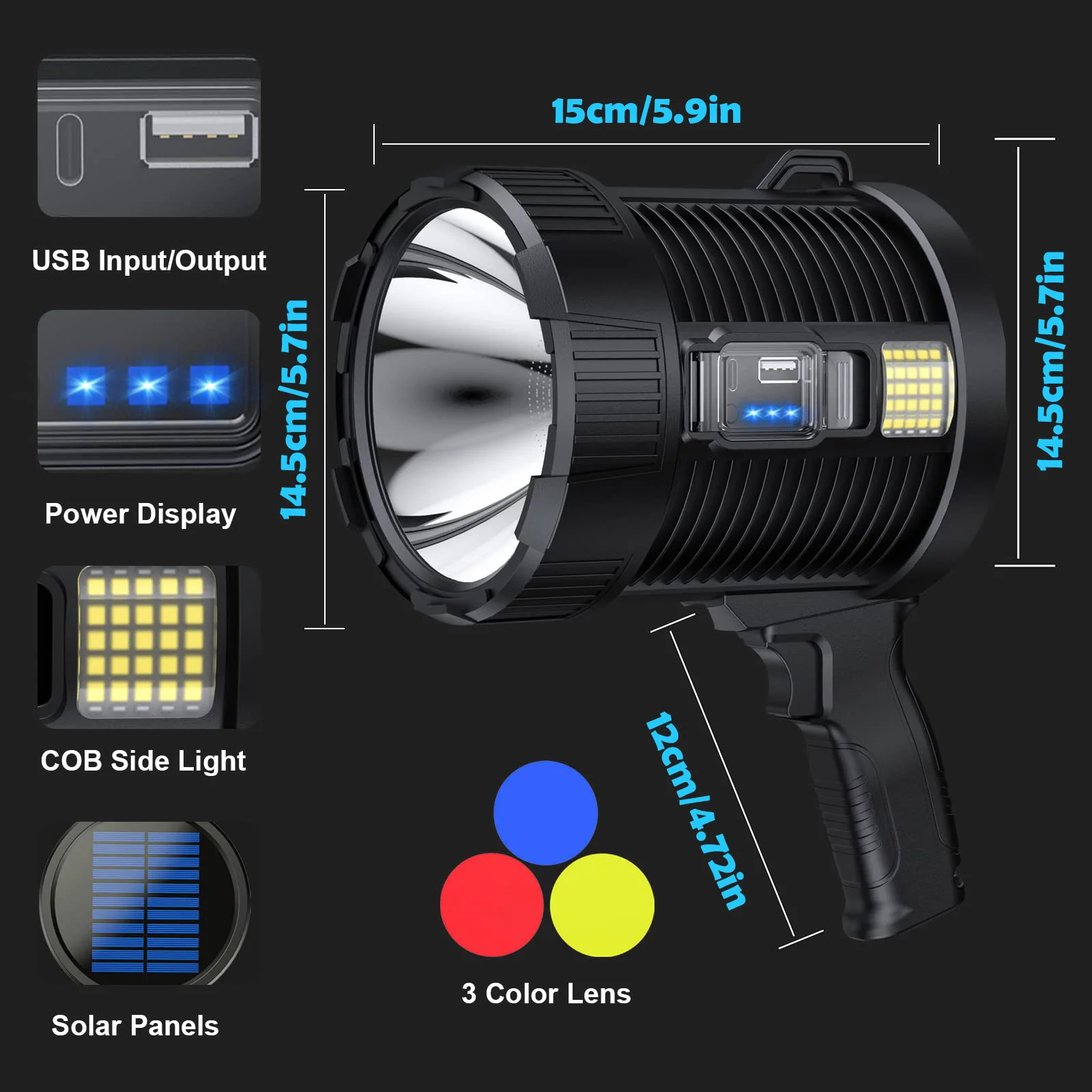 Imagem -03 - Spotlight Portátil Recarregável Luzes Led Spot Lanterna Grande Super Brilhante Holofotes Solares ao ar Livre Holofote 900000 Lumens