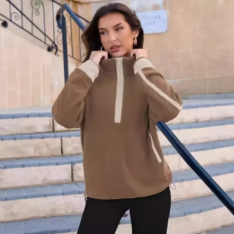 

Women's Zip-up Pullover Sweatshirt Long-sleeved Stand Collar Casual Color-matching Belt Pocket Hoodie