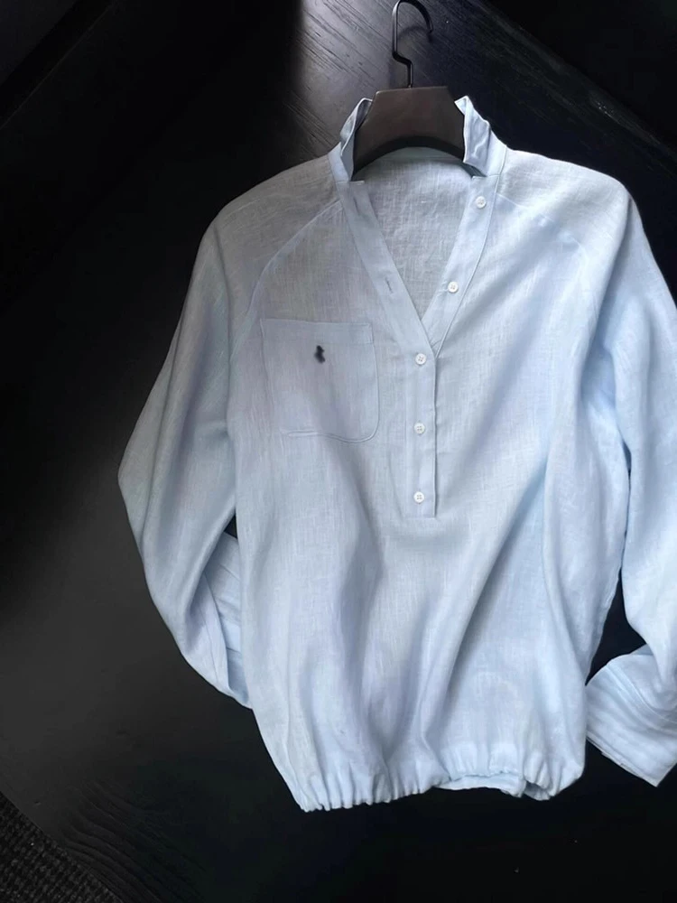 

Свободный крой Long Sve V-Ne Linen irt Мужской ранний осенний дизайн Sensation Fre Голубой корейский моющийся топ