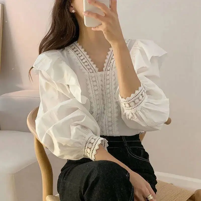 

Lucyever Korean Chic Puff Sleeve Blouse For Women Elegant Lace Spliced V Neck Shirts New Fashion Loose Office Lady White Shirt