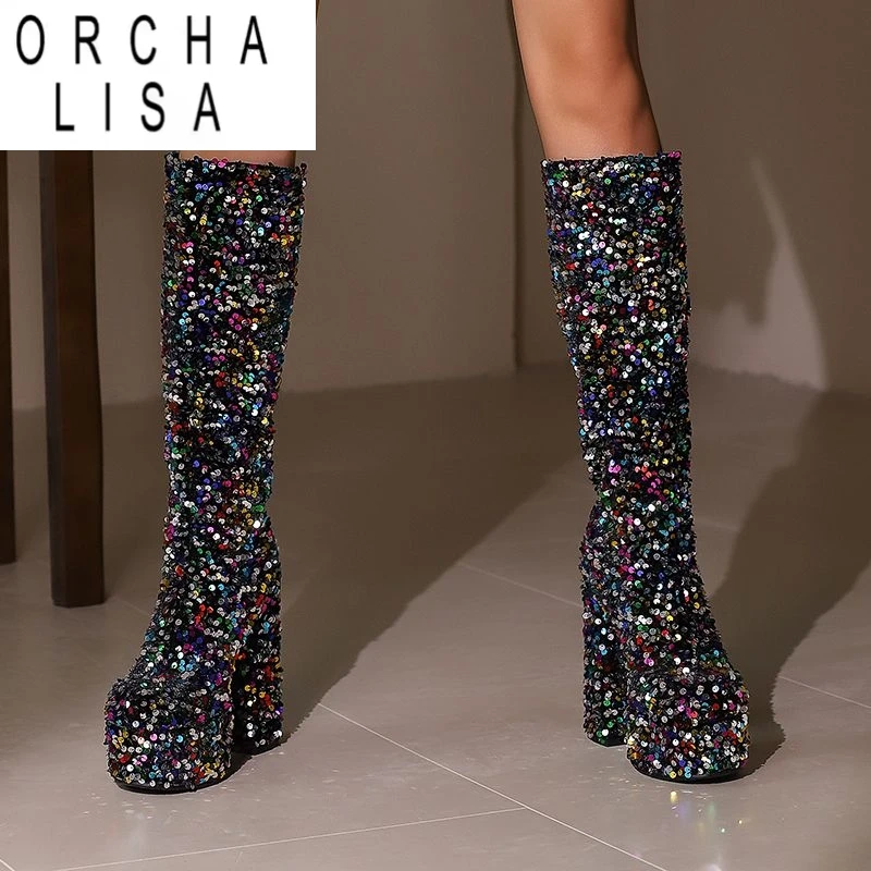 

ORCHA LISA Party Knee High Boots Round Toe Chunky Heels 14cm Platform Hill Glitter Slip On 45 46 47 Club Bota